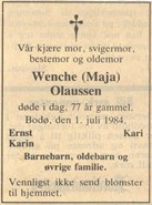 1984.07.01 - Dødsannonse Wenche (Maja) Olaussen 2.2.1 - Kilde- Ann-Mari Madsen